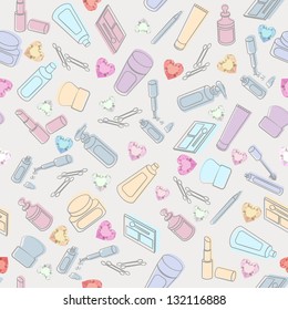 Seamless background pattern of randomly arranged cosmetics and beauty products interspersed with pink hearts on a white background