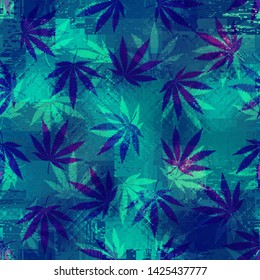 Seamless background pattern. Rastafarian chevron pattern and grunge hemp leaves.