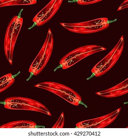 Seamless background with a pattern of raw fresh sliced red hot chili pepper with seeds