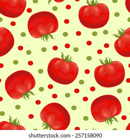 Seamless background with a pattern of red ripe juicy tomatoes and colorful dots