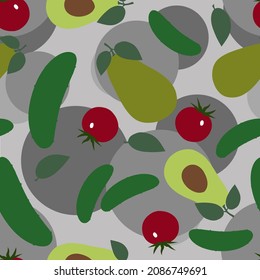 Seamless background with a pattern of red tomatoes, avocados and cucumbers. Vintage color stylized drawing. Vector illustration