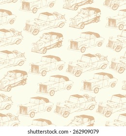 Seamless background pattern. Retro cars in doodles style.