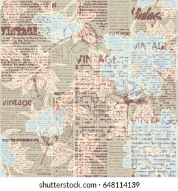 Seamless Background Pattern. Retro Grunge Pattern With A Vintage Words And Sketches Of Flowers. Halftone Newspaper.