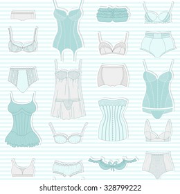 Seamless background pattern. Retro lingerie. Vector bras and panties design.