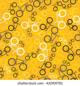 Seamless background pattern with road bikes. White and black bicycles on yellow background. Vector.