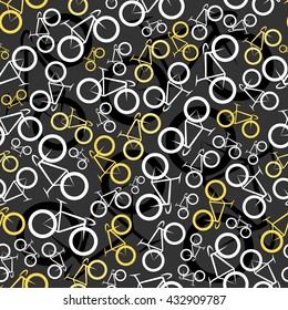 Seamless background pattern with road bikes. White, gray and yellow bicycles on black background. Vector.