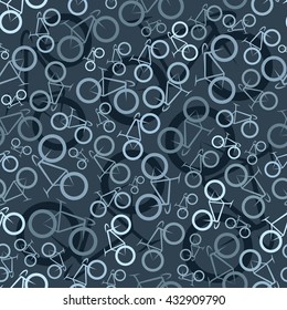 Seamless background pattern with road bikes. Dark blue camouflage version. Vector.