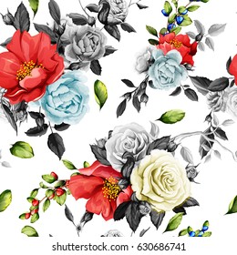 Seamless background pattern. Rose, poppy, pomegranate buds.Hand drawn illustration on white. Watercolor, vector - stock.
