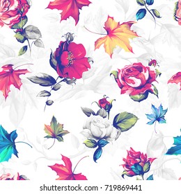 Seamless background pattern. Roses with autumn leaves. Vintage style. Hand drawn artwork. Vector - stock.