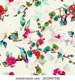 Seamless background pattern. Roses flowers, geranium with leaf and humming birds on white. Abstract, pure vector - stock.