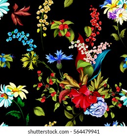 Seamless background pattern of roses, peony, chinese rose, cornflowers and lily of the valley and wild rose (dog-rose), camomile with leaves on black. Watercolor, hand drawn. Vector - stock