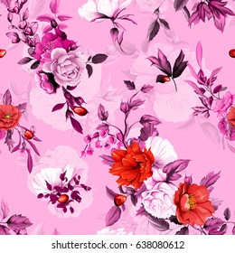 Seamless background pattern. Roses, peony flowers, lily of the valley, pomegranate buds with leaves. Hand drawn. watercolor. Vector - stock.