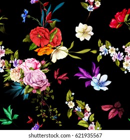 Seamless background pattern. Roses, poppy, cornflower,  wild flowers on black. Watercolor, hand drawn.