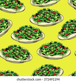 Seamless Background With A Pattern Of Salad With Tomatoes, Onions, Cucumbers And Olives