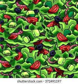Seamless background with a pattern of salad with tomatoes, onions, cucumbers and olives