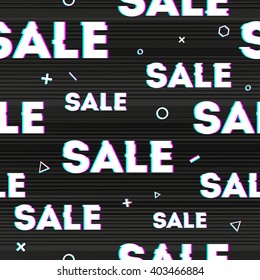 Seamless background with a pattern of sale on the black background. Wallpapers with sale in the style of a glitch. Banner with a sale in the style of a glitch and noise. Vector.