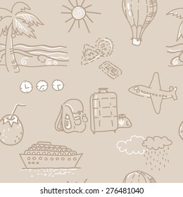 Seamless background pattern sand travel with aircraft, ships, palm trees and a balloon sketch style linear vector illustration