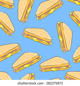 Seamless background with a pattern of sandwich with cheese and ham