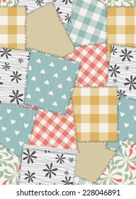 Seamless background pattern from scraps of fabric. Vector illustration