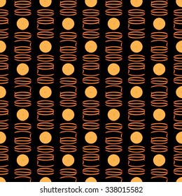 Seamless background pattern with signs symbolizing coins and lettering inscription Sale on the black background. Vector illustration eps 10