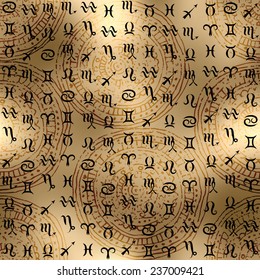 Seamless background pattern. Signs of zodiac on ethnic background