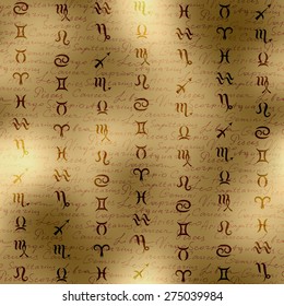Seamless background pattern. Signs of zodiac on manuscript background.