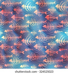Seamless background pattern. Skeletons of fish on abstract wavy background.