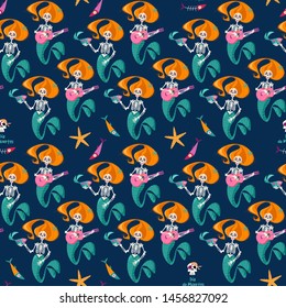 Seamless background pattern with Skeletons of Mermaids. Dia de Muertos (Day of the Dead). Mexican tradition. Vector illustration