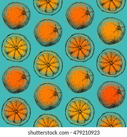 Seamless background pattern. Sketches of a orange on a green background