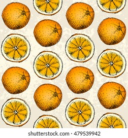 Seamless background pattern. Sketches of a orange on a grunge background