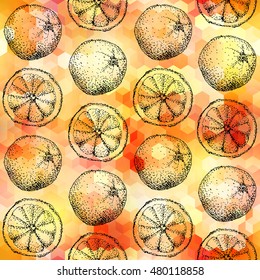 Seamless background pattern. Sketches of a orange on a geometric background