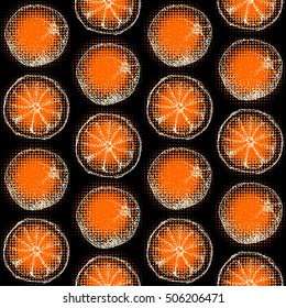 Seamless background pattern. Sketches of a orange on a black background