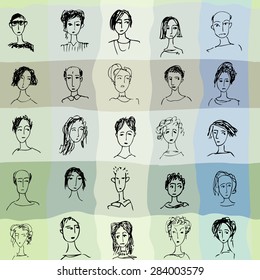 Seamless background pattern. Sketchy persons pattern. All faces are drawn from imagination, without specific models.