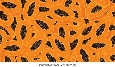 Patrón de fondo sin fisuras de papayas maduras en rodajas que muestran pulpa naranja brillante y Pequeñas semillas negras para frutas tropicales y temas de alimentos saludables.