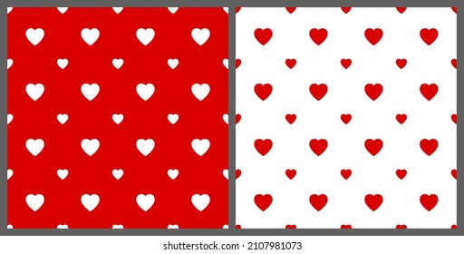 Seamless background pattern. Small and large heart shapes, white and red. Texture design for fabric, tile, banner, template, card, poster, backdrop, wall. Vector illustration.