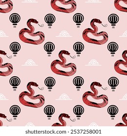 Seamless background pattern of snakes, red lanterns.Vector illustration isolated.