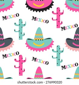 seamless background pattern with sombrero and cactus