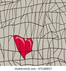 Seamless background pattern of a spiderweb woven  with trapped in her heart. Illustration in vector format.