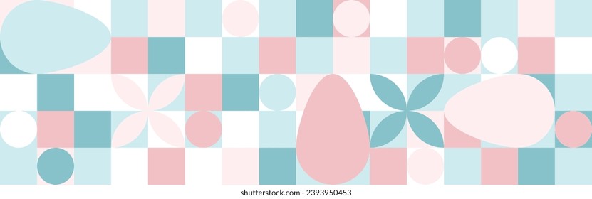 Seamless background pattern for the spring holiday of Easter with a texture of circles and squares. Mosaic with geometric shapes, pastel colored background with eggs.