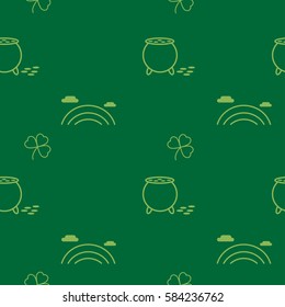 Seamless background pattern for St Patrick's Day in green and yellow with cute irish icons of rainbow
