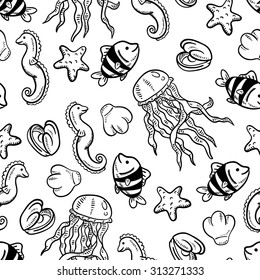 Seamless background with a pattern of starfish, seahorse, tropical fish, clam with a pearl, jellyfish