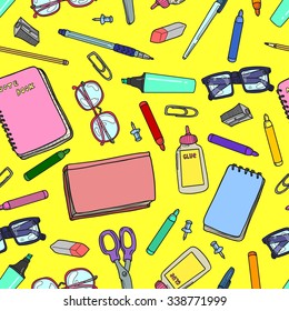 Seamless background with a pattern of stationery, books and glasses