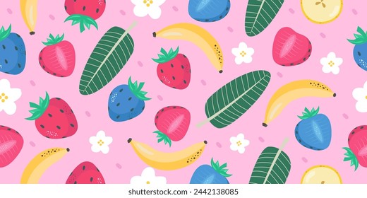 Seamless background pattern with strawberries and bananas. Tropical fruits cut in half. Trendy colorful vector illustration.