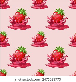 Seamless background pattern with strawberries and strawberry juice splashes.Vector illustration