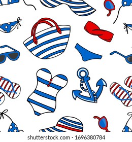 Nahtloses Hintergrundmuster mit Sommersymbolen. Schwimmanzüge, Hut, Sonnenbrille, Flip Flop und Anker.