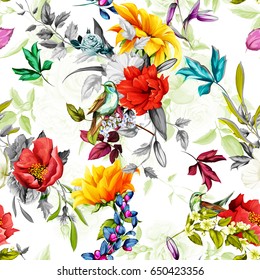 Seamless background pattern. Sunflower, pomegranate, rose, poppy with nightingale on it.
Watercolor, hand drawn. Vector - stock