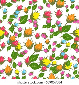 Seamless background pattern. Sunflower, pomegranate with leaves and branches on white.