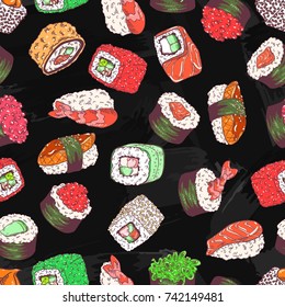 Seamless background with a pattern of sushi set with makizushi, nigirizushi, gunkan, rolls Philadelphia, California, Alaska, hot baked sushi rolls with salmon, eel, cucumber, avocado, tuna, tobiko.