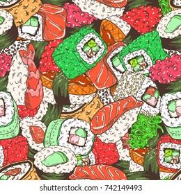 Seamless background with a pattern of sushi set with makizushi, nigirizushi, gunkan, rolls Philadelphia, California, Alaska, hot baked sushi rolls with salmon, eel, cucumber, avocado, tuna, tobiko.