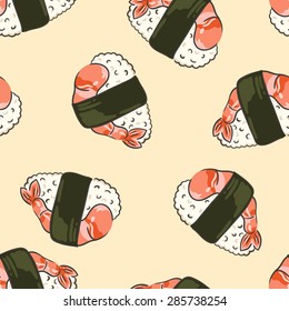 Seamless background with a pattern of sushi with a shrimp.